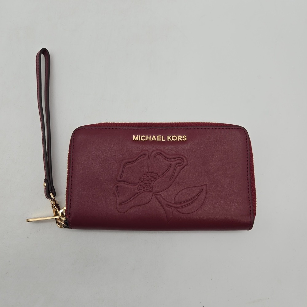 Michael Kors Wallet Card Holder Red Leather Embossed Flower Gold Hardware - Picture 2 of 12